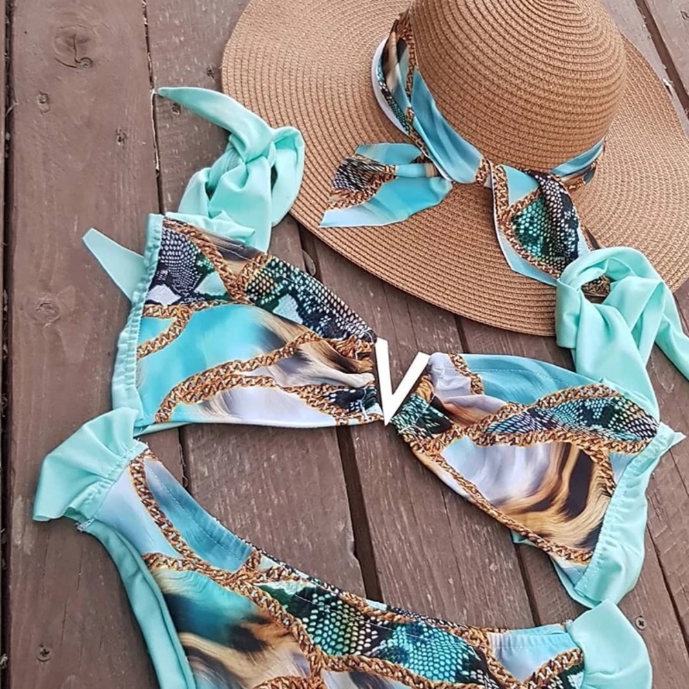 CLEARANCE Turquoise Snake Chain Bandeau Bikini Swimsuit - Picture 6 of 6